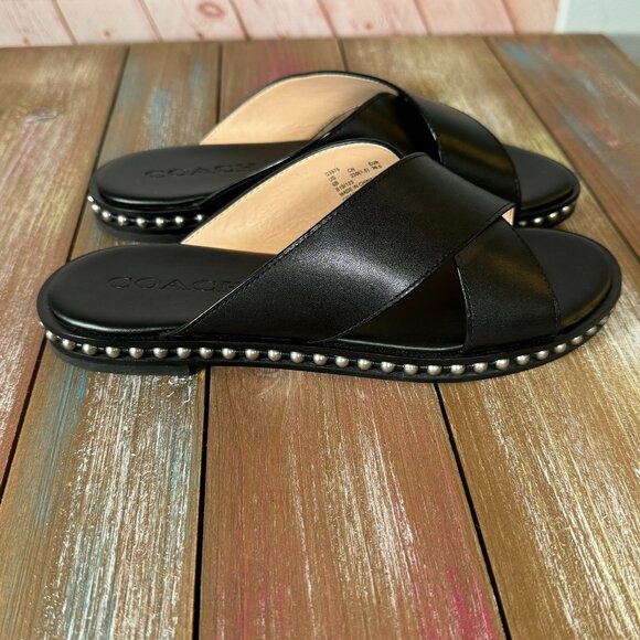 COACH Hailey Black Leather Bead Chain Studded Slide Sandals - US 6 - Picture 1 of 16